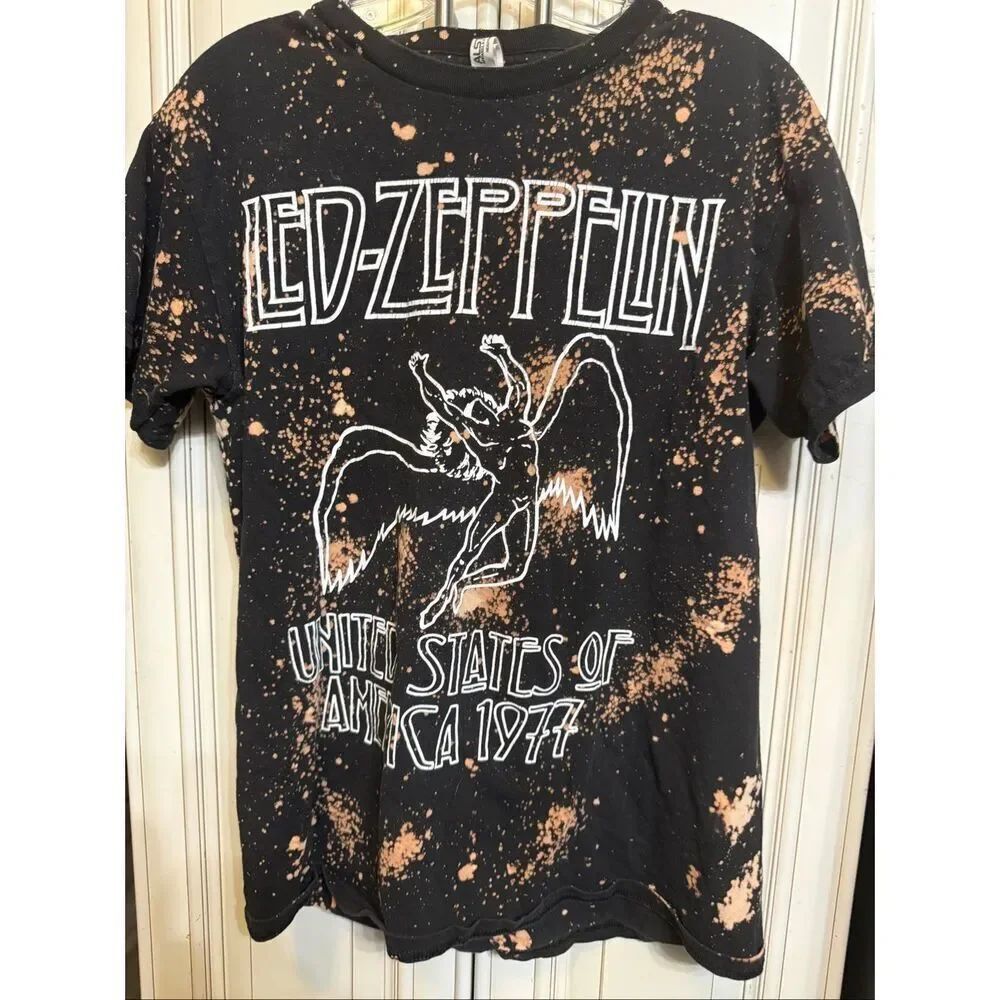 Alstyle Women's Short Sleeve Bleached Led Zeppelin Band Tee Black Brown Medium